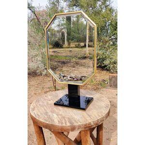 Vintage Designer Black Lacquered Octagon Freestanding Swivel Gold Trim Mirror